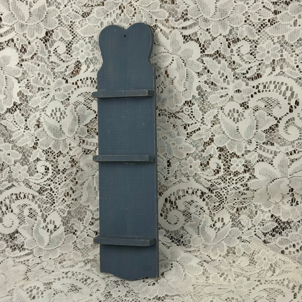 Primitive Blue Wooden Heart Wall Shelf 3-Tier Miniature Display Farmhouse Decor
